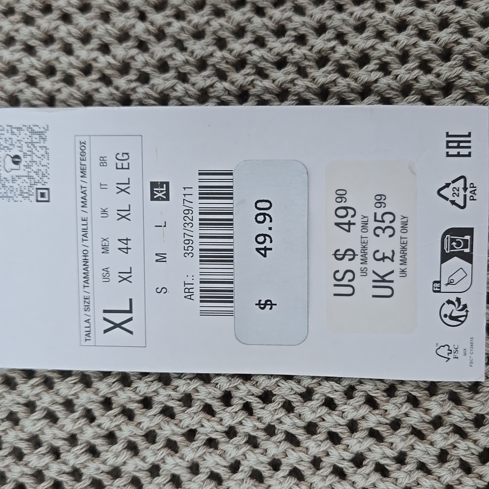 ZARA MENS COTTON WEAVE TEXTURED SWEATER SIZE XL TAUPE SAND - Picture 6 of 10